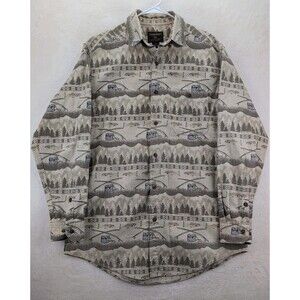 WOOLRICH Fly Fishing Print Button Up Long Sleeve Mens Shirt Size Large